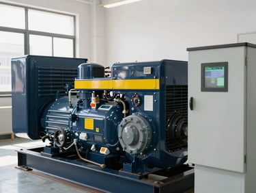 A large industrial diesel backup generator inside a clean, well-lit maintenance room, focus on the technical control screen and exhaust pipes, professional technical photography with navy blue and yellow accents.