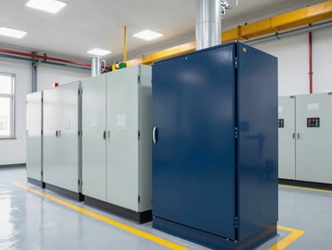 Clean industrial facility interior with electrical panels and machinery, bright technical lighting, professional engineering environment