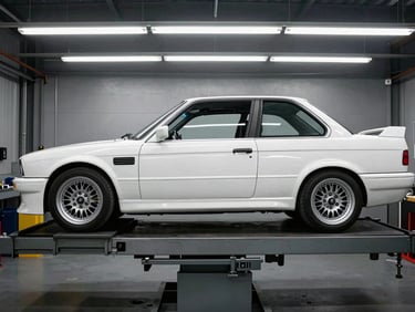 Side profile of a classic white E30 M3 chassis secured on a heavy-duty steel rotisserie inside a clean industrial workshop, harsh fluorescent lighting, 35mm