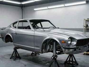 Side profile of a stripped bare-metal Datsun 240Z body shell resting on jack stands in a brightly lit fabrication shop, high-contrast metallic tones, 35mm