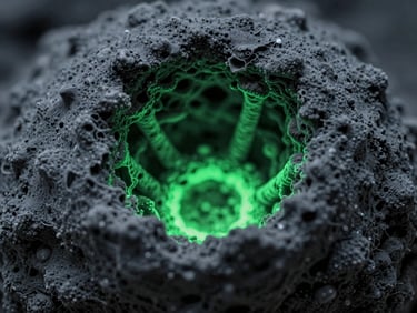 Microscopic scan of a termite mound's internal ventilation system, high-contrast laboratory lighting, deep slate and bio-luminescent green tones, extreme close-up detail, 100mm lens