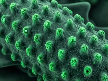 Scanning electron micrograph of shark skin denticles, high-contrast laboratory lighting, deep slate and bio-luminescent green tones, extreme close-up detail, 100mm lens