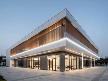 Wide-angle architectural photograph of a modern commercial office space with clean linear LED lighting installations, crisp daylight mixing with architectural light, sharp focus