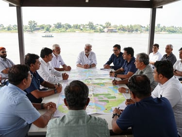 Wide documentary photograph of a cross-state coordination meeting at a riverside location, officials and foundation members seated at a table with maps spread out, natural daylight through open-air structure, Narmada water visible in the background