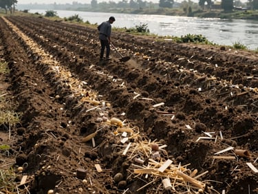 Ground-level documentary photograph of organic compost rows on a field adjacent to the Narmada corridor, goshala-sourced material visible in rows, natural morning light, a worker with a hand tool in the mid-ground, river glinting in the far background