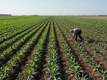 Overhead wide shot of rural farmland at harvest — rows of green crops growing from dark composted soil, a farmer stooped at work in the mid-ground, flat agricultural landscape stretching to a hazy horizon under bright midday sun