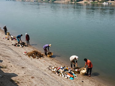 Overhead perspective of the Narmada riverbank showing a river-cleaning crew at work, long stretch of water visible to the horizon, debris collected in piles at the water's edge, documentary daylight