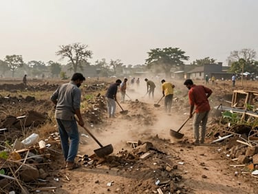 Ground-level view of a field team clearing debris from a narrow parikrama path at Govardhan, workers visible from behind with tools, natural morning light, dust visible in air, documentary framing