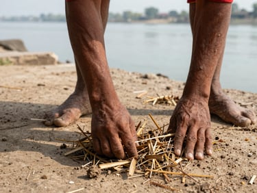 Ground-level view of the Vrindavan parikrama path, hands of a field worker clearing dried debris from the earthen route, sacred Yamuna riverbank visible in the background, natural daylight