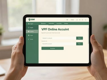 Close-up of hands holding a tablet, displaying a VPF online account opening interface, bright natural light.