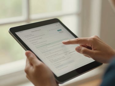 Close-up of hands holding a tablet, finger tapping on a digital form with Vietnamese text fields, natural window light, warm tones, professional.