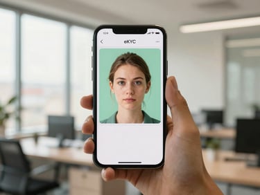 Smartphone screen showing eKYC facial recognition scan, blurred background of a modern office, natural window light, professional.