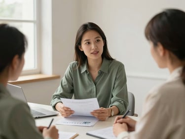 Professional advisor in a warm-lit collaborative workspace, discussing a financial plan with a client, clean minimalist background.