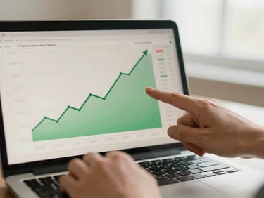 Close-up of hands pointing at a laptop screen displaying an upward trending ETF growth chart with green and cream tones, shallow depth of field, professional.