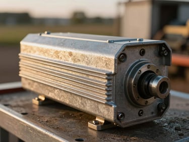 Extreme macro technical detail of heavy-duty steel mounting hardware and a rugged, dust-tolerant inverter mounted on a working farm, low-angle golden hour light catching the metallic textures.