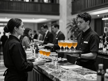 Wide environmental shot of a hotel reception foyer dressed for a hospitality event, welcome drinks on a tray held by a staff member in dark uniform, guests arriving in the background, directional tungsten lighting, black-and-white with warm amber drinks glasses