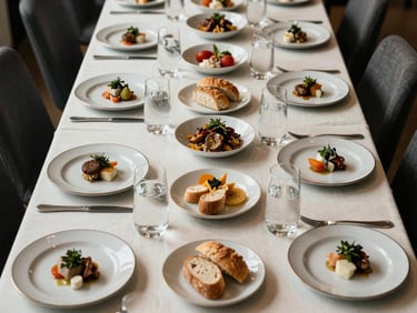 Overhead view of a business lunch spread on a long table, individual plated starters, bread rolls, and water carafes arranged symmetrically, clean natural light from above, black-and-white with cream linen as accent