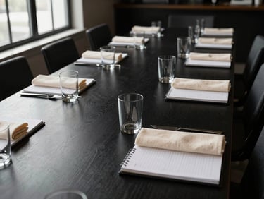 Wide shot of a long boardroom table set for a working lunch, notepads and water glasses arranged precisely, natural window light from the left, black-and-white palette with warm cream linen napkins folded at each place