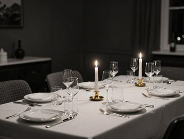 Close environmental shot of a private dining room set for a formal dinner party, candles lit on the table, silverware and glassware precisely placed, dark walls and tungsten ambient light, black-and-white tones with warm gold cutlery as the single accent