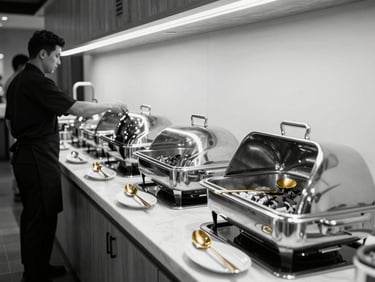 Wide shot of a buffet service station set along a wall, chafing dishes and serving platters in a clean row, staff member in dark uniform adjusting a lid, directional daylight from above, black-and-white with warm gold serving spoons