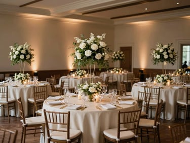 Wide environmental shot of an elegant wedding reception room — round tables dressed with cream linen, tall floral centrepieces, warm tungsten ambient lighting, empty chairs awaiting guests, gold cutlery visible at each setting, no people