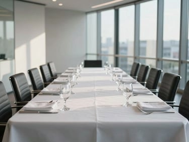 Wide environmental shot of a corporate boardroom dining setup — long rectangular table with white linen, precise place settings, polished glassware aligned in rows, clean directional daylight from tall windows, no guests present