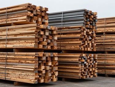 High-volume raw timber stacks in an industrial lumber yard, desaturated steel and warm wood tones, sharp focus, 35mm