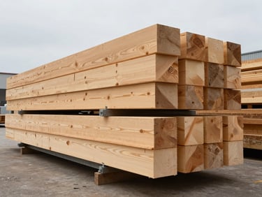 Industrial commercial photography of stacked heavy timber beams in a warehouse, sharp focus on raw wood grain, natural overcast daylight, 35mm