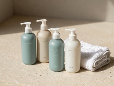 Minimalist bottles of organic pet shampoo and a soft cotton towel arranged neatly on a beige stone surface, warm natural lighting, warm editorial photography, 35mm.