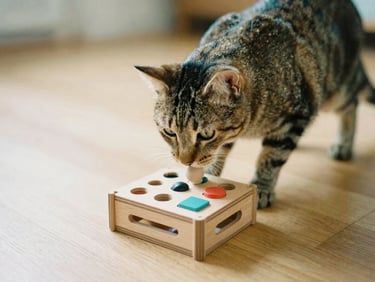 A beautiful tabby cat playing with an elegant wooden interactive puzzle toy on a light-colored wooden floor, eye-level shot, shallow depth of field, warm editorial photography, 35mm.