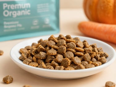Close-up of premium organic dog food kibbles and fresh ingredients like pumpkin and carrots on a clean white ceramic plate, soft daylight, warm editorial photography, 35mm.