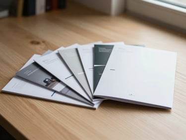 Brochures, folders, and flyers fanned across a light oak desk surface under north-facing window light, paper weight and coated finish visible