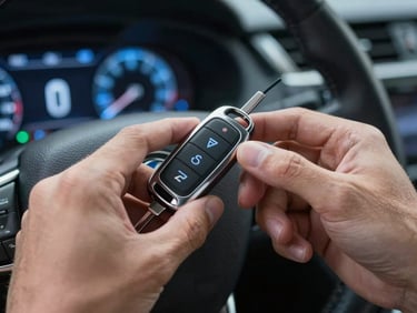 Close-up of hands programming a modern electronic key fob inside a dark vehicle cabin illuminated by cool blue dashboard lights.