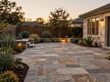 Wide environmental shot of a completed luxury backyard at golden hour, featuring a custom hand-dressed stone terrace, native perennial garden beds, and soft architectural lighting, 35mm.
