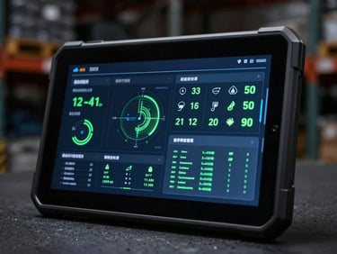 Macro shot of a ruggedized Android tablet displaying an operational dashboard in a low-light warehouse, data points updating, subtle green terminal glow, sharp focus on screen details