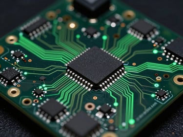 Close-up of a custom Android device's circuit board with glowing green traces, macro focus on microchips and intricate wiring, dark moody technology photography
