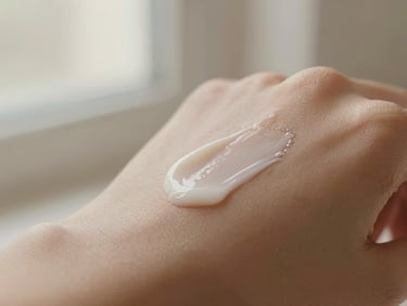 Macro close-up of luxurious skincare cream being swatched on clean, natural skin texture, soft morning window light, warm beige tones, 35mm photography