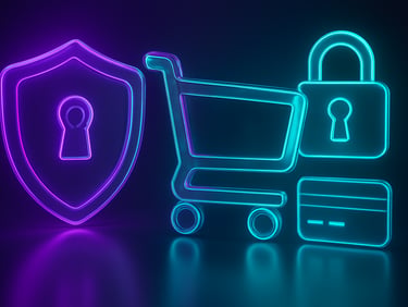 Abstract 3D render of a secure online payment gateway, glowing neon purple and cyan security icons, glassmorphic shopping cart, sharp focus, 8k