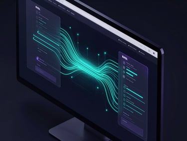 Isometric view of a sleek, dark-mode website interface on a monitor, glowing neon cyan lines tracing data flow, glassmorphic elements, sharp focus, 8k