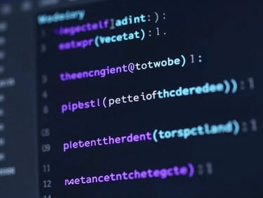 Macro close-up of code editor on a dark screen, showing clean WordPress PHP functions, glowing purple syntax highlighting, glassmorphic console, sharp focus, 8k