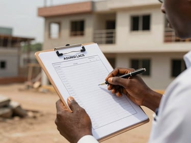 Close-up of a property manager's clipboard with a checklist on a building site exterior in Agungi Lagos, natural daylight, documentary framing