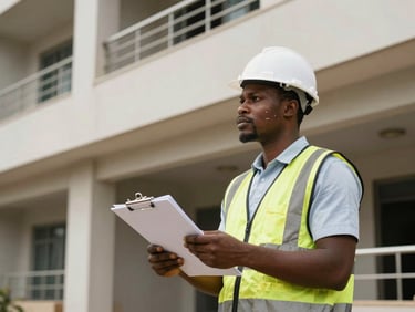 Property inspector with a clipboard conducting a structural check on a building exterior in Lagos, mid-range shot, natural daylight, procedural documentary mood