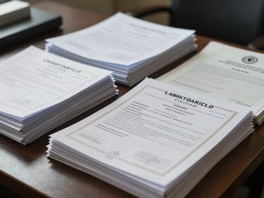 Stacks of official land title documents and stamped certificates arranged on a desk under office ambient light, Lagos regulatory paperwork, documentary close-up