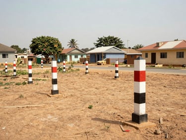 Land boundary markers on an open plot in Agungi Lagos neighbourhood, wide environmental shot, natural daylight, documentary framing showing local property context