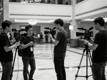 High-contrast black-and-white behind-the-scenes photography of a multi-camera crew setting up silently in a five-star hotel lobby