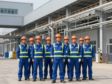 A team of professional technical workers in matching blue uniforms and safety gear standing in an organized industrial facility.
