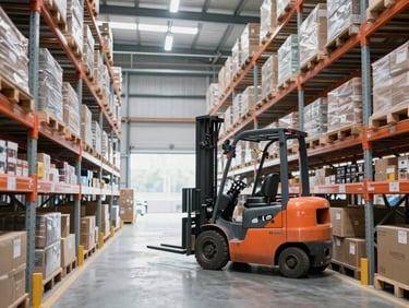 An organized modern logistics warehouse with high shelving, a forklift in motion, clean cool-toned indoor lighting.