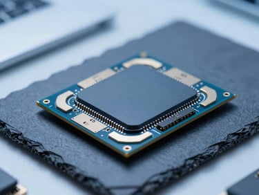 Clean technical photography of a high-end workstation processor socket, cool laboratory lighting, sharp macro details of microchips, slate and electric blue tones, 50mm, shallow depth of field
