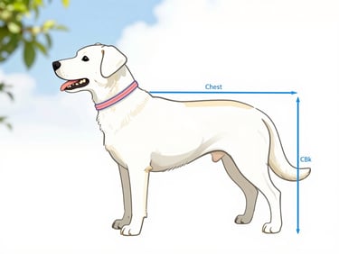 Clear graphic diagram of a dog outline showing three colored lines for measuring neck, chest, and back length, clean white background.