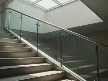 Wide shot of a structural glass balustrade at the edge of an interior staircase, minimal stainless point-fixing hardware, natural daylight from a skylight above casting clean shadows on the concrete treads below, composed from the bottom stair looking upward along the glass plane